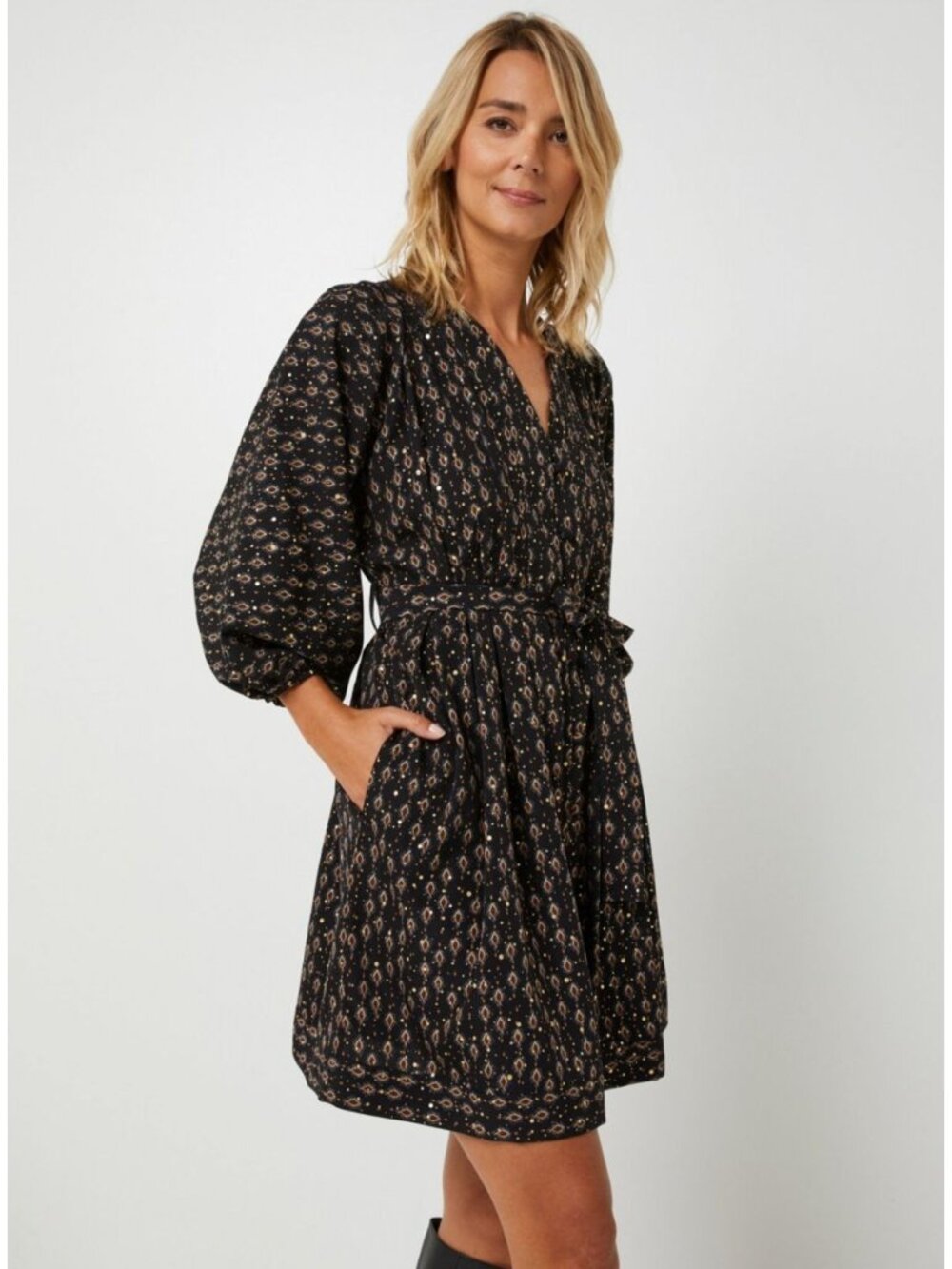 Molly Bracken Jude Dress Black Puff Long Sleeve Paisley Short Metallic Black S
